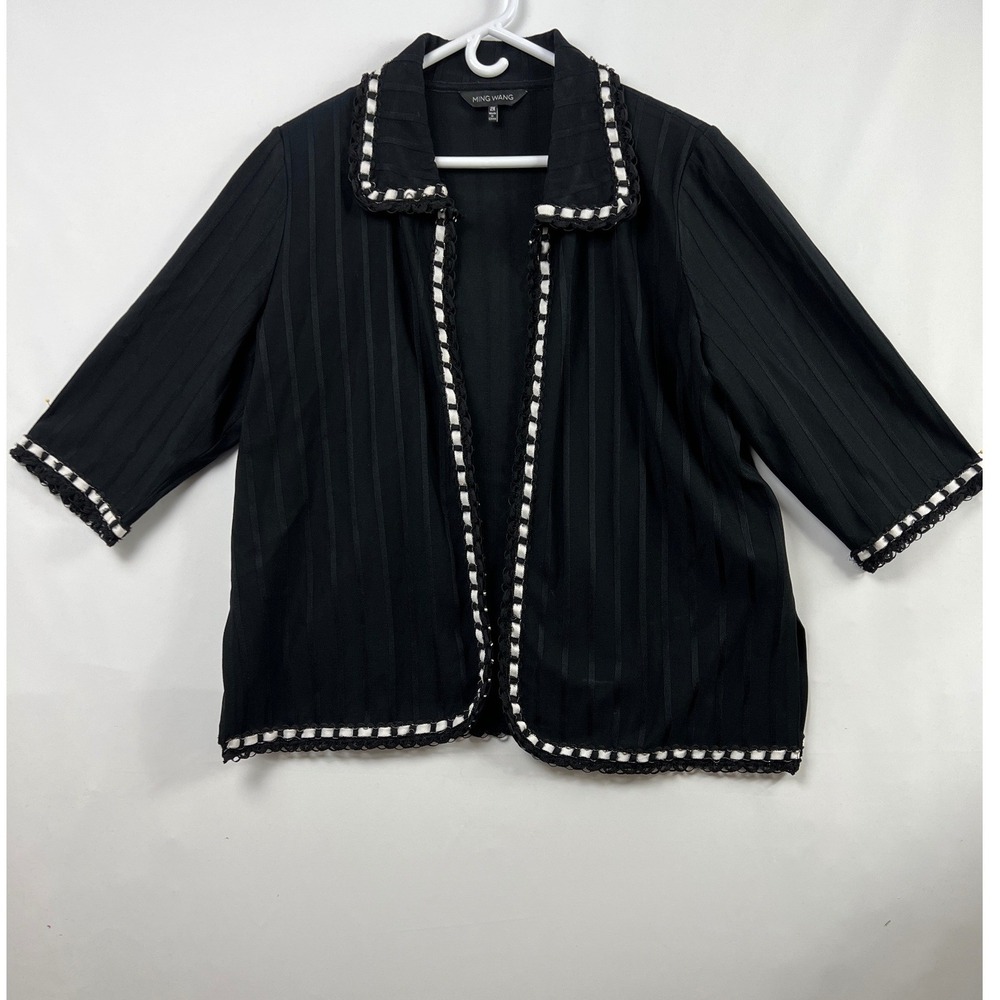 Ming Wang Cardigan Women 2X Black Ribbed Knit Open Front Woven Trim Elbow Sleeve